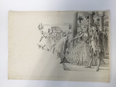 Lot 82 - David Hill (1914-1977), pen and ink, figures in a museum, 30 x 23cm, together with a group of illustration work by the artist, in a variety of media. (10)