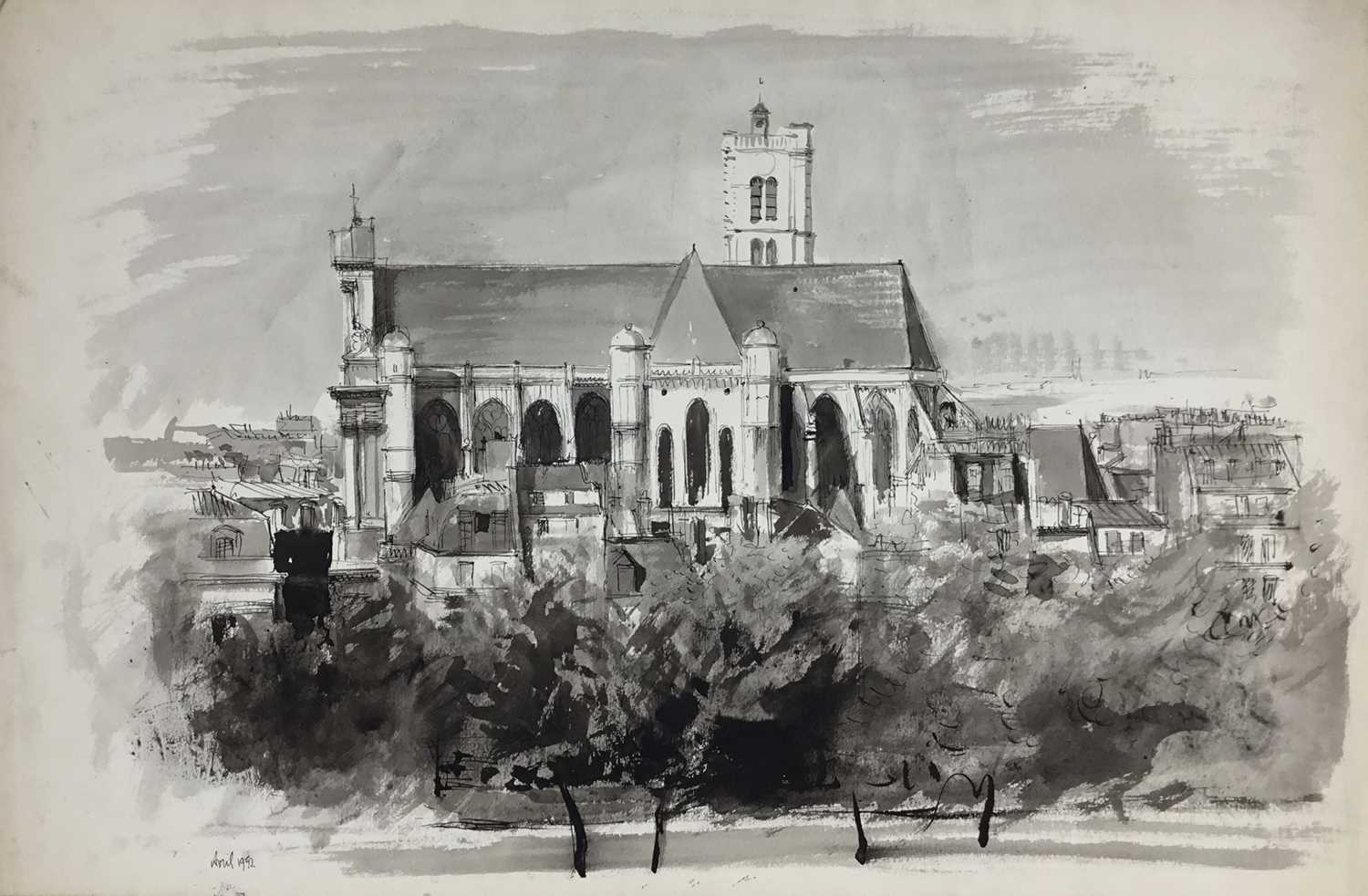 Lot 83 - David Hill (1914-1977), pen and ink and wash, St Gervais, Paris, dated April 1952, 50 x 32cm, and various other landscape and city views in a variety of media on paper. (20)