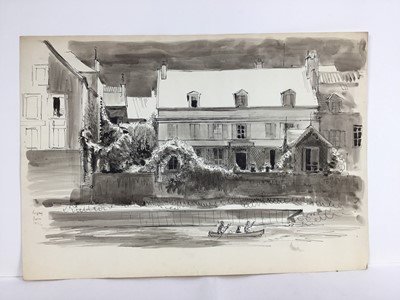 Lot 83 - David Hill (1914-1977), pen and ink and wash, St Gervais, Paris, dated April 1952, 50 x 32cm, and various other landscape and city views in a variety of media on paper. (20)