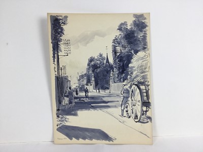 Lot 83 - David Hill (1914-1977), pen and ink and wash, St Gervais, Paris, dated April 1952, 50 x 32cm, and various other landscape and city views in a variety of media on paper. (20)