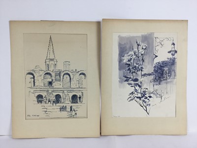 Lot 83 - David Hill (1914-1977), pen and ink and wash, St Gervais, Paris, dated April 1952, 50 x 32cm, and various other landscape and city views in a variety of media on paper. (20)