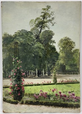 Lot 86 - David Hill (1914-1977), egg tempera on board, Tuileries Gardens, signed and dated 1953, 63 x 44cm