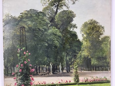 Lot 86 - David Hill (1914-1977), egg tempera on board, Tuileries Gardens, signed and dated 1953, 63 x 44cm