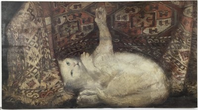 Lot 87 - David Hill (1914-1977), egg tempera on board, playful cat, signed with monogram verso, 37 x 66cm