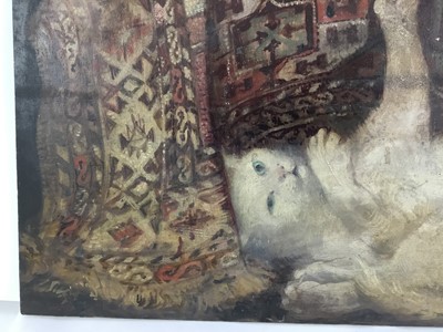 Lot 87 - David Hill (1914-1977), egg tempera on board, playful cat, signed with monogram verso, 37 x 66cm