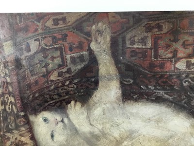 Lot 87 - David Hill (1914-1977), egg tempera on board, playful cat, signed with monogram verso, 37 x 66cm