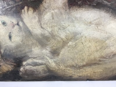 Lot 87 - David Hill (1914-1977), egg tempera on board, playful cat, signed with monogram verso, 37 x 66cm
