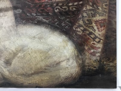 Lot 87 - David Hill (1914-1977), egg tempera on board, playful cat, signed with monogram verso, 37 x 66cm