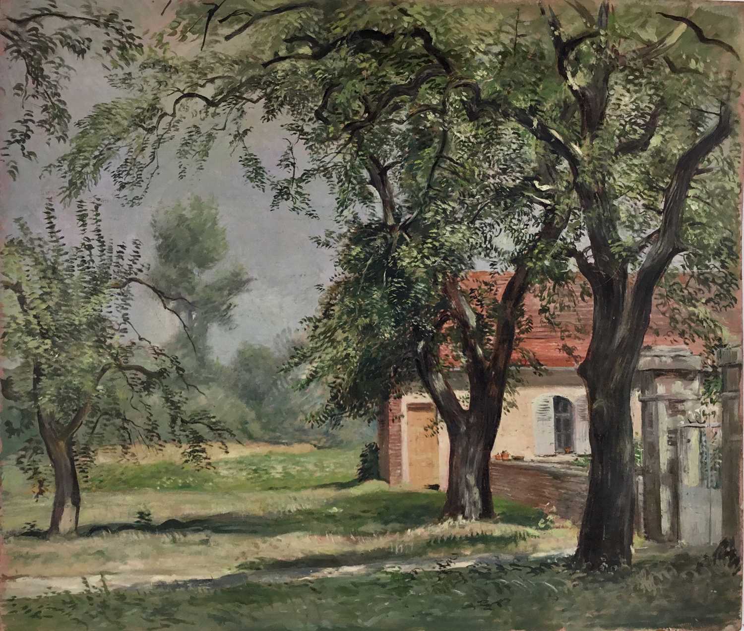 Lot 88 - David Hill (1914-1977), egg tempera on board, French landscape, 54 x 62cm