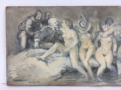 Lot 89 - David Hill (1914-1977), a pair - egg tempera on board, Baccanale, signed and dated 1968, 25 x 63cm. (2)