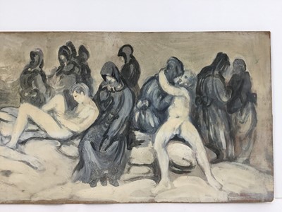 Lot 89 - David Hill (1914-1977), a pair - egg tempera on board, Baccanale, signed and dated 1968, 25 x 63cm. (2)