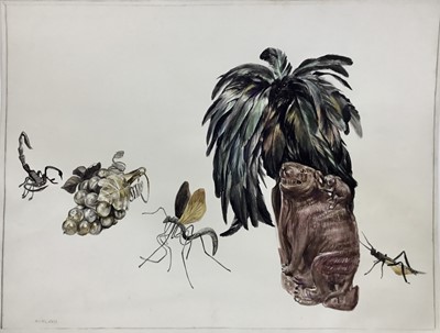 Lot 90 - David Hill (1914-1977), watercolour, Still life with insects, dated 1972, 49 x 60cm, together with two further surrealist still lives by the same hand. (3)