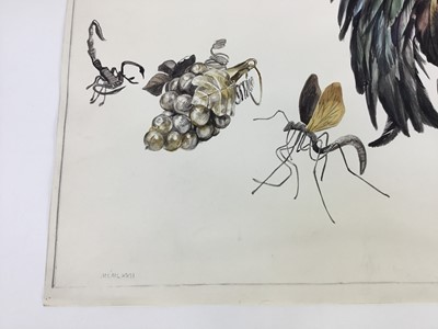 Lot 90 - David Hill (1914-1977), watercolour, Still life with insects, dated 1972, 49 x 60cm, together with two further surrealist still lives by the same hand. (3)
