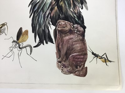 Lot 90 - David Hill (1914-1977), watercolour, Still life with insects, dated 1972, 49 x 60cm, together with two further surrealist still lives by the same hand. (3)