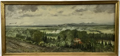 Lot 99 - David Hill (1914-1977), egg tempera on canvas board, Tarescon, titled, signed and dated 8 September 1956, 27 x 61cm, together with another landscape by the same hand, signed and indistinctly titled...