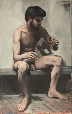 Lot 103 - David Hill (1914-1977), egg tempera on board, Male figure study, 94 x 61cm