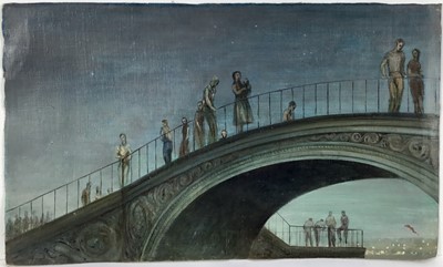 Lot 110 - David Hill (1914-1977), egg tempera on canvas, Figures on a bridge, 33 x 55cm, together with two further works by the same hand.  (3)