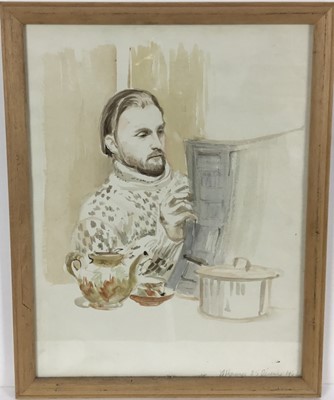 Lot 111 - David Hill (1914-1977), watercolour, study of Joseph Plaskett, reading a newspaper, inscribed and dated 1962, 33 x 25cm, glazed frame