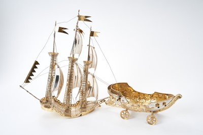 Lot 191 - Contemporary continental parcel gilt model of a galleon on wheels, London import marks