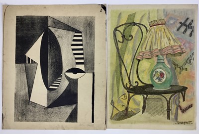 Lot 117 - Mid 20th century school, lithograph, untitled, signed 'John Grills' (?), image 34 x 26cm, together with a mixed media composition signed Thibault. (2)