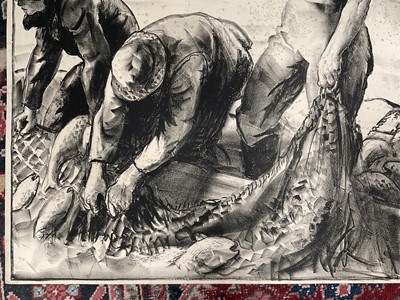 Lot 80 - Gerald Spencer Pryse (1882-1956) black and white lithograph, Scenes of the Empire series - Canadian fishermen, image 89 x 125cm. NB - Produced for the 1924 British Empire Exhibition, this is a arti...