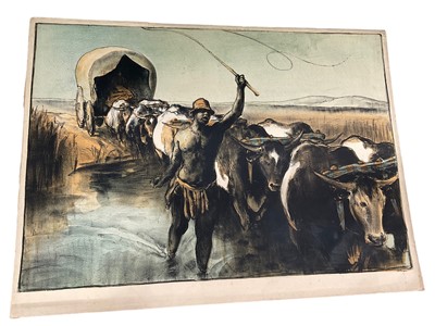 Lot 75 - Gerald Spencer Pryse (1882-1956) coloured lithograph, Scenes of the Empire series - Cattle train, signed, image 89 x 125cm. NB - Produced for the 1924 British Empire Exhibition, this is a artists p...