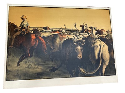 Lot 72 - Gerald Spencer Pryse (1882-1956) black and white lithograph, Scenes of the Empire series - Australian Cattle, signed, titled top left, image 89 x 125cm. NB - Produced for the 1924 British Empire Ex...