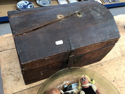 Lot 11 - Late 18th / early 19th century oak travelling trunk, together with antique Armand Marseilles doll, other vintage toys, glass bowl a 17th century style oil on canvas
