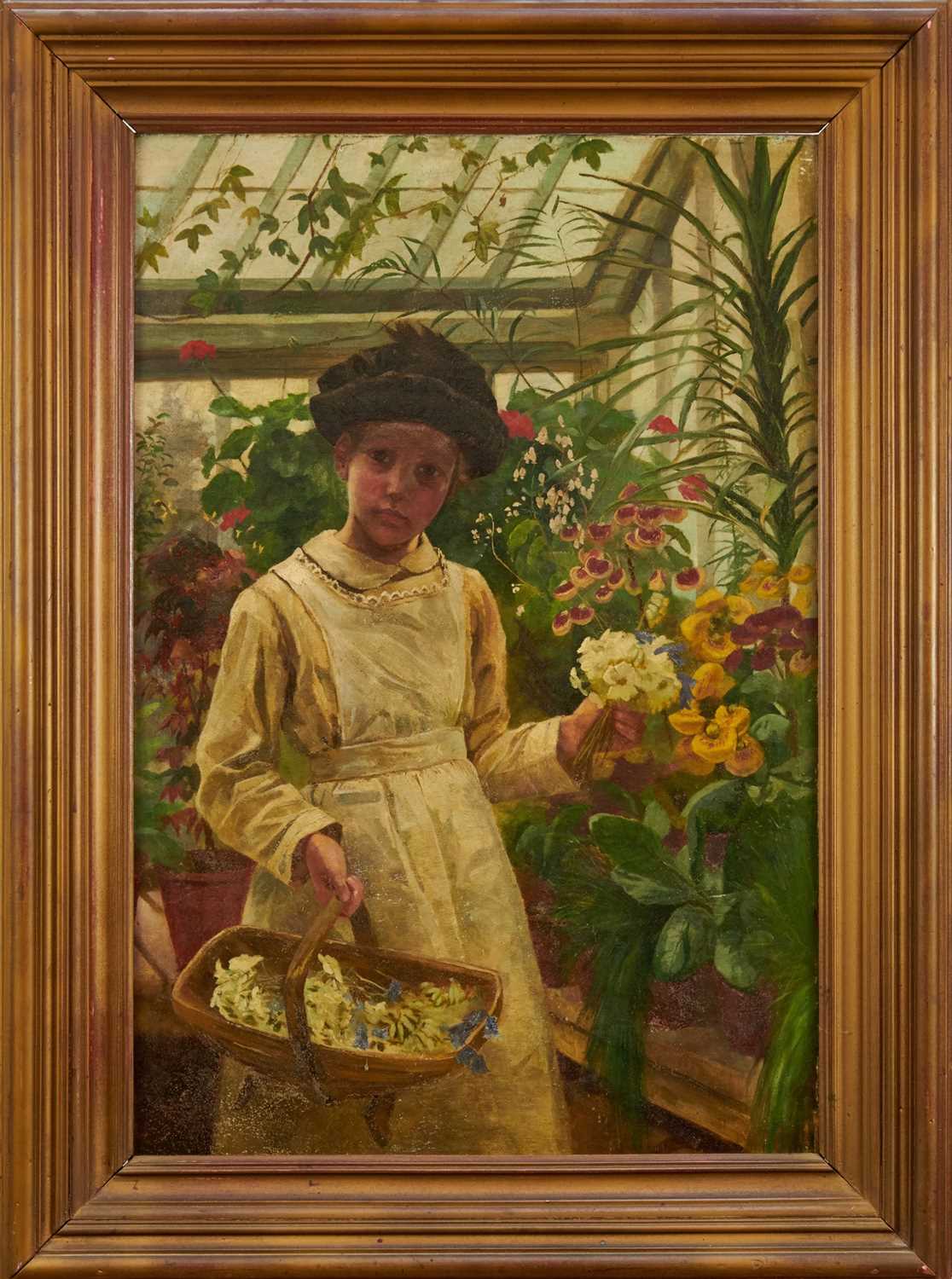 Lot 924 - English School, late Victorian, oil on canvas - portrait of a young girl picking flowers in a conservatory, 76cm x 51cm, framed