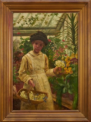 Lot 924 - English School, late Victorian, oil on canvas - portrait of a young girl picking flowers in a conservatory, 76cm x 51cm, framed