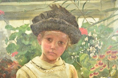 Lot 924 - English School, late Victorian, oil on canvas - portrait of a young girl picking flowers in a conservatory, 76cm x 51cm, framed