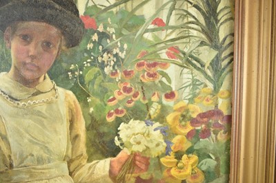 Lot 924 - English School, late Victorian, oil on canvas - portrait of a young girl picking flowers in a conservatory, 76cm x 51cm, framed