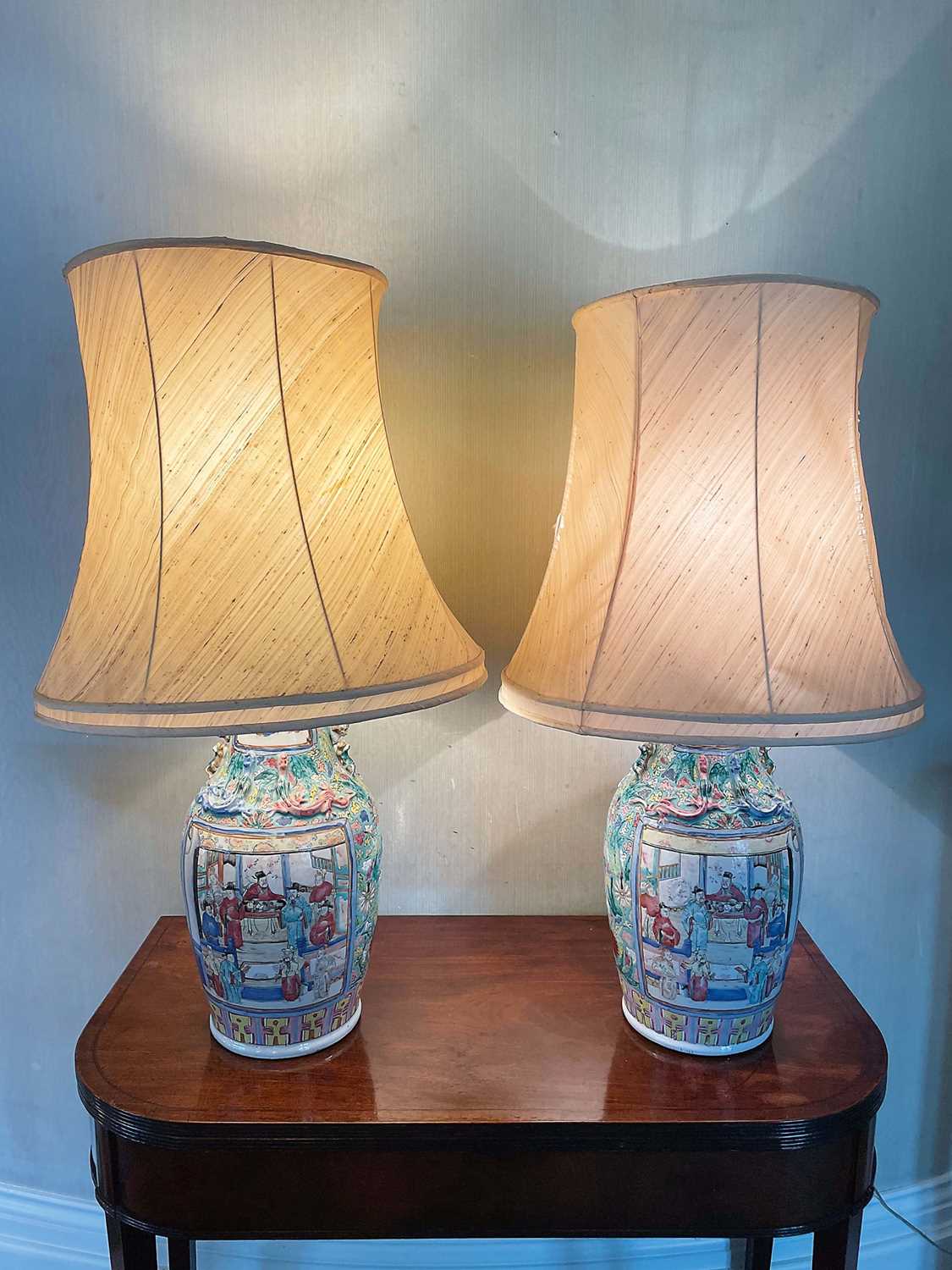 Lot 1059 - Pair of 19th century Chinese Canton enamel baluster vases, converted to lamps