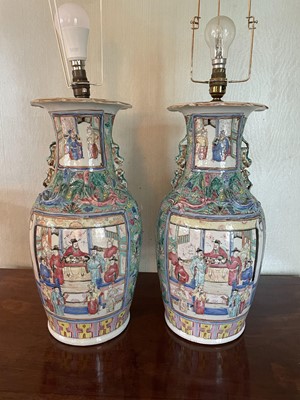 Lot 1059 - Pair of 19th century Chinese Canton enamel baluster vases, converted to lamps