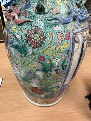 Lot 1059 - Pair of 19th century Chinese Canton enamel baluster vases, converted to lamps