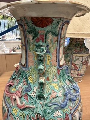 Lot 1059 - Pair of 19th century Chinese Canton enamel baluster vases, converted to lamps