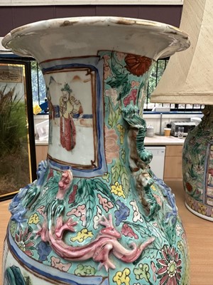 Lot 1059 - Pair of 19th century Chinese Canton enamel baluster vases, converted to lamps