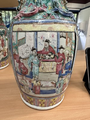Lot 1059 - Pair of 19th century Chinese Canton enamel baluster vases, converted to lamps
