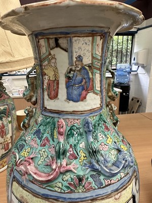 Lot 1059 - Pair of 19th century Chinese Canton enamel baluster vases, converted to lamps