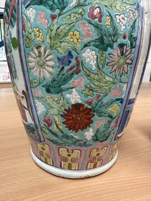 Lot 1059 - Pair of 19th century Chinese Canton enamel baluster vases, converted to lamps