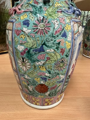 Lot 1059 - Pair of 19th century Chinese Canton enamel baluster vases, converted to lamps