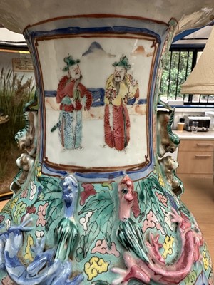 Lot 1059 - Pair of 19th century Chinese Canton enamel baluster vases, converted to lamps