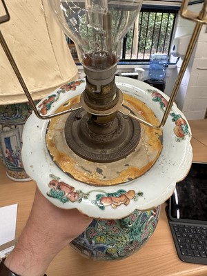 Lot 1059 - Pair of 19th century Chinese Canton enamel baluster vases, converted to lamps