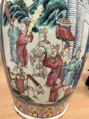 Lot 1059 - Pair of 19th century Chinese Canton enamel baluster vases, converted to lamps