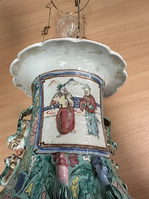 Lot 1059 - Pair of 19th century Chinese Canton enamel baluster vases, converted to lamps