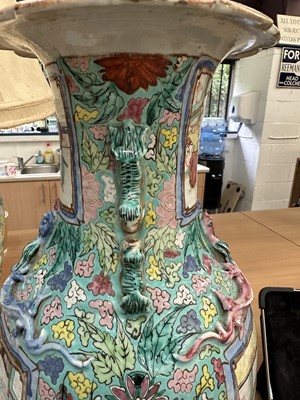 Lot 1059 - Pair of 19th century Chinese Canton enamel baluster vases, converted to lamps