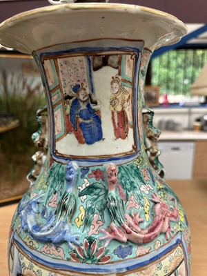 Lot 1059 - Pair of 19th century Chinese Canton enamel baluster vases, converted to lamps