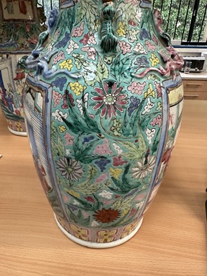 Lot 1059 - Pair of 19th century Chinese Canton enamel baluster vases, converted to lamps