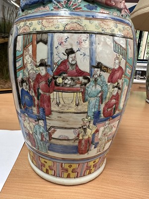 Lot 1059 - Pair of 19th century Chinese Canton enamel baluster vases, converted to lamps