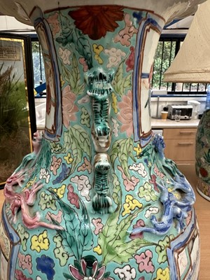 Lot 1059 - Pair of 19th century Chinese Canton enamel baluster vases, converted to lamps